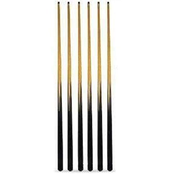 6 x 57" POOL CUES + SPARE TIPS. **