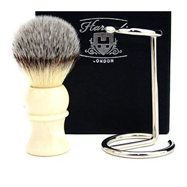 Shaving Brush with Stand Gift Set for Men (Synthetic Hair Brush Ivory Handle,Steel & Chrome Holder)