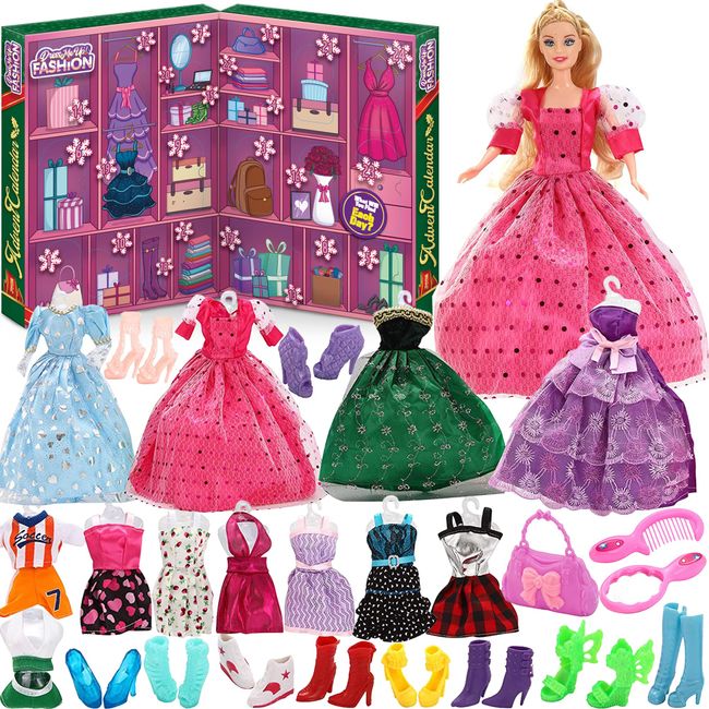 JOYIN 2023 Girls Advent Calendar with Doll Accessories Toys Girls Christmas 24 Days Countdown Calendar Toys with Doll Dress Up Clothes and Accessories Set for Kids Christmas Party Favor Gifts