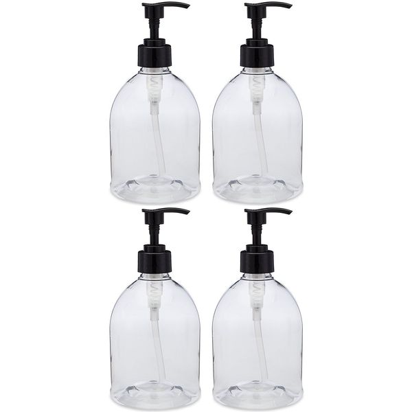 (4 Pack with Patented Screw-On Funnel) Earth's Essentials Versatile 16 Ounce PET Plastic Refillable Designer Pump Bottles. Excellent Liquid Hand Soap, Lotion, Shampoo and Massage Oil Dispensers