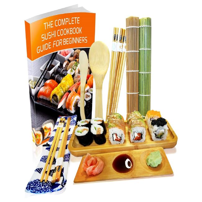 Sushi Making Kit 11 Pcs - Bamboo Sushi Rolling Mat and Serving Set - Make Your Own Sushi at Home - 2 Mats, 5 Pairs Chopsticks with Bag, Paddle, Spreader, Serving Platter, Triplet Sauce dish with Book