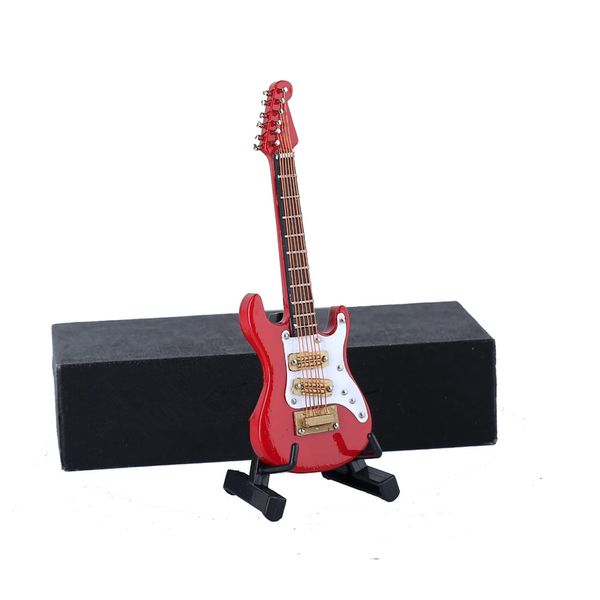 Dselvgvu Wooden Miniature Electric Guitar with Stand and Case Mini Musical Instrument Miniature Dollhouse Model Birthday Present (Electric Guitar:Red, 3.92"x1.24"x0.37")