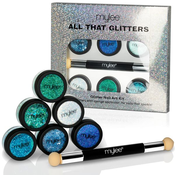 MYGEL by Mylee All That Glitters Glitter Kit - Under The Sea - 6X Nail Glitter Jars + Sponge Applicator - DIY Nail Decoration, Sequins Powder, Holographic Dust Powder - Ideal for Nail Art & Crafts