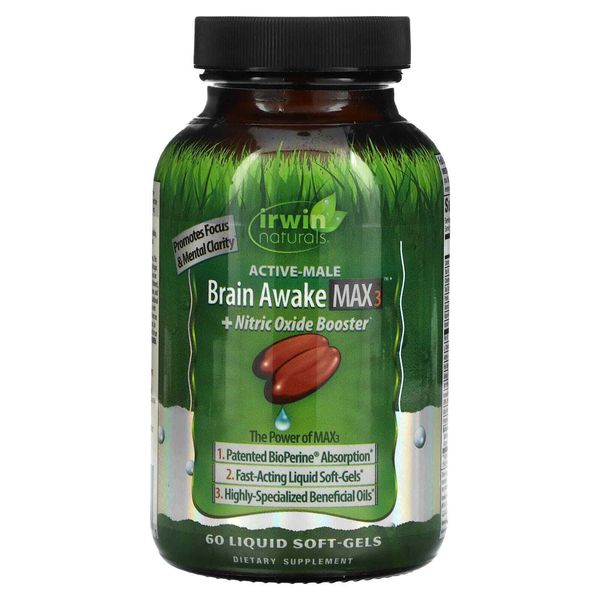 2 X Irwin Naturals, Brain Awake Max 3 + Nitric Oxide Booster, 60 Liquid Soft-Gel