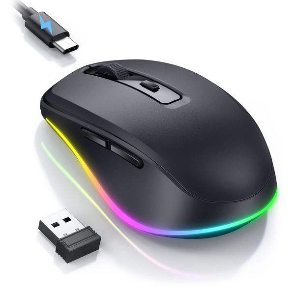 Seenda Wireless Mouse, Rechargeable Light Up LED Mouse for Laptop, 2.4G USB Silent Mice with Built in Jiggler Mover, Undetectable Simulate Mouse Movement to Keep Computer Awake, Black