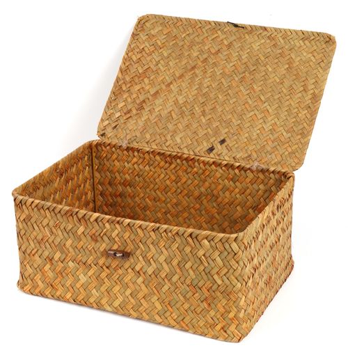 FEIALNDUO Wicker Shelf Baskets with Lid,Seagrass Storage Basket Bins Rectangular Handwoven Basket Boxes for Shelves Desktop Home Organizer (Natural, Large)