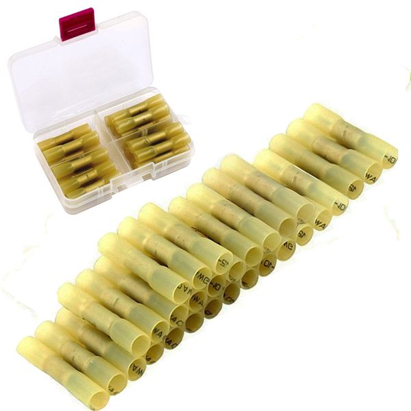 CESFONJER 30pcs 12-10AWG Waterproof Wire Connector Yellow-Crimp Butt Splice Terminal Kit - Heat Shrink Butt Connector Terminal Splice Solderless Terminal