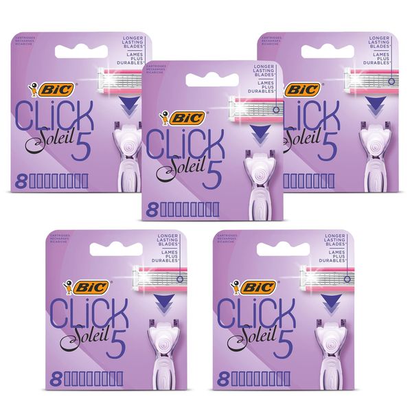 BIC Click 5 Soleil Sensitive Razor Refill Aloe Vera Shaver Blades Moisturising Lubricating Strip Razor Heads Pack of 8 Razors for Women Refill Smooth & Comfortable Shaving Experience (Pack of 5)