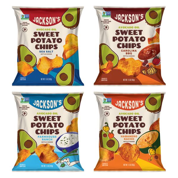 Jackson’s Sweet Potato Kettle Chips Avocado Oil Variety Pack made with Premium Oils (1.5 oz, Pack of 10) Sea Salt, Ranch, BBQ, and Habanero Nacho Flavors - Allergen-friendly, Gluten Free, Vegan