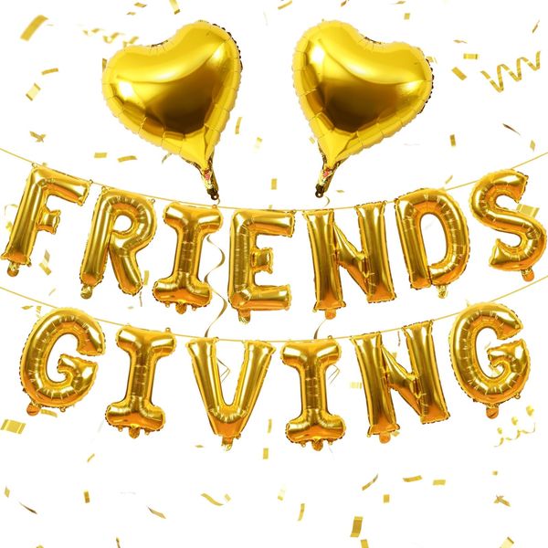 Jobkoo Friendsgiving Balloons Friends Giving Party Decorations 16 Inches Tall Gold Heart Friendsgiving Foil Mylar Balloon Letter Banner for Fall Theme Thanksgiving Friends Party Backdrop Supplies