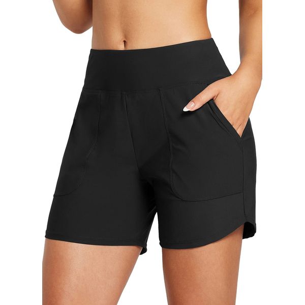 BALEAF Damen Badeshorts Bauchkontrolle UPF50+ Badehose Schnell Trocknend Schwimmhose Hohe Taille Boardshorts Schwimmunterteil mit Taschen Schwarz L