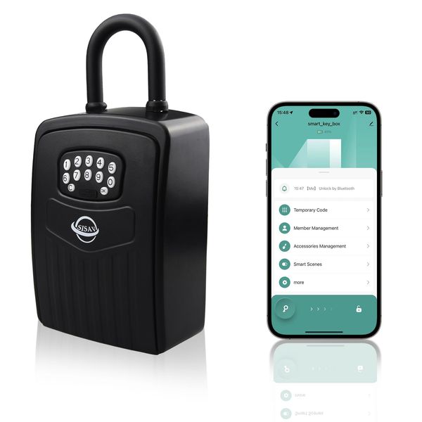 SISAV Smart Bluetooth Key Lock Box,Remote Access via App/Code,Resettable 6-Digit Combination,Large Capacity for 5 Keys,Wall-Mounted,No WiFi Needed,Black(With Shackle)