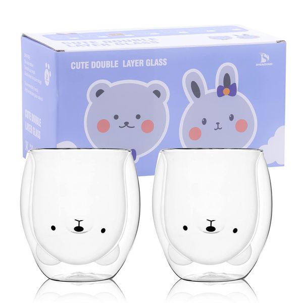 SHENDONG Cute Bear Mugs Set of 2 Cute Cups Bear Tea Coffee Cup 8.5oz Milk Cup Double Wall Insulated Glass Gift for Personal Birthday Valentine's Day and Office (2 Pack, White Bear)