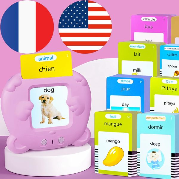 KILOGOGRAPH Bilingual English French Flash Cards - Talking Flash Cards for Kids, 510 Sight Words, Pocket Speech for Toddlers 3-12, Autism Sensory Toys, Preschool Learning Activities Girls (Pink)