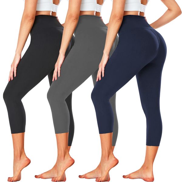 FULLSOFT 3 Pack Capri Leggings for Women - High Waisted Tummy Control Black Workout Yoga Pants for Summer,Sports (3 Pack Capri Black, Dark Grey, Navy Blue,Large-X-Large)