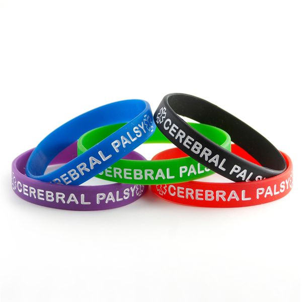 Cerebral Palsy ID Bracelet Wristband Combo - 5 Pack - 7 Inches - Youth - Black Blue Green Red Purple