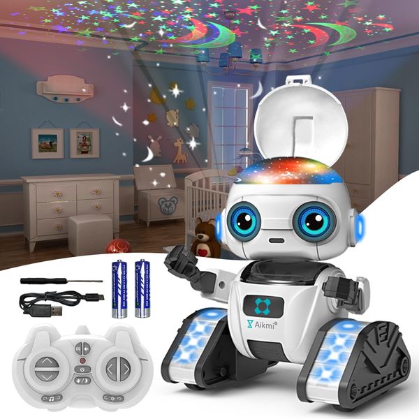 Aikmi Robot Toys for Kids 5-7, Rechargeable Remote Control Robot with Projector Night Light for Kids, Gesture Sensor, Music, Toys for 6 Year Old Boys Girls Birthday Present Boy Toy (White)