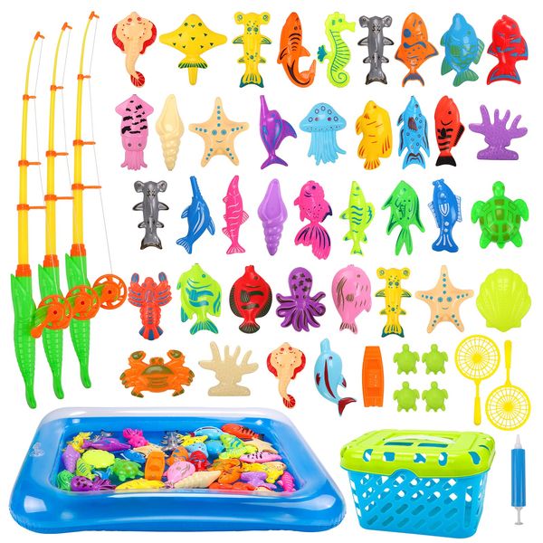 KaeKid 49 Piece Set of 49 Water Toys, Fishing Games, Bath Toy, Magnetic, Fishing Game, Includes Storage Basket, Educational Toy, Bathtub, Kids, Popular Birthday Gift, Christmas Gift, Kindergarten