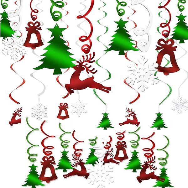 Christmas Party Decorations Foil Hanging Ceiling Swirls (30Pcs Fully-Assembled) Reindeer Bell Christmas Tree Snowflake Swirls for Porch Home House Bar, Christmas Holiday Supplies Decorations