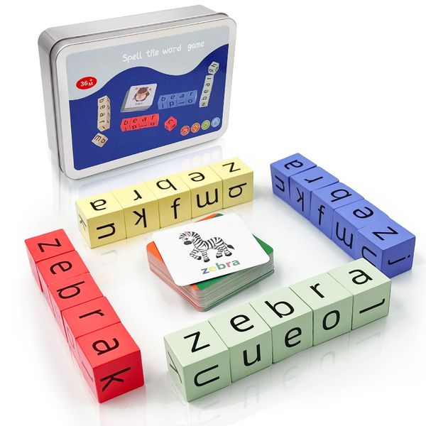 UPJAYEEK Wooden Blocks Spelling Game, Matching Letter Game for Kids Ages 3-8, Kindergarten Educational Sight Words Flash Cards Learning Toy, Preschool Montessori ABC Alphabet Crossword Puzzle