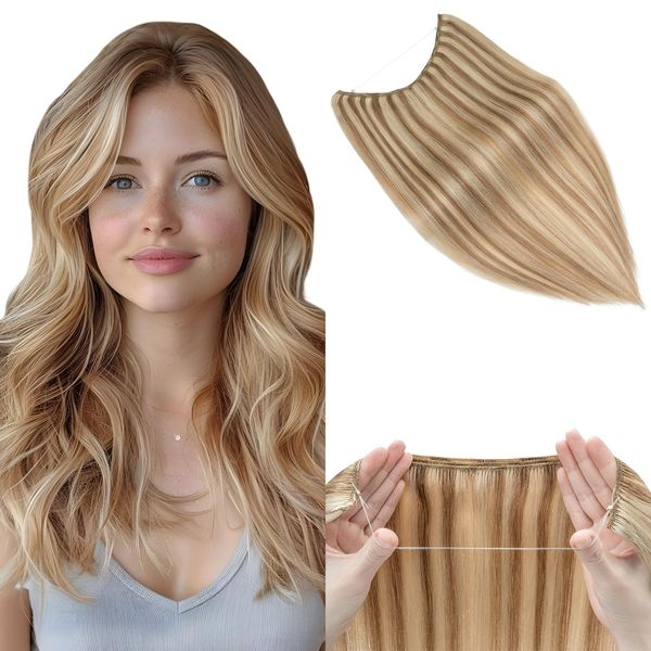 Elailite One Piece Invisible Secret Wire Hair Extension Headband Real Human Hair Straight (#12/613 Golden Brown Mix Bleach Blonde, 16 Inch-60 g)