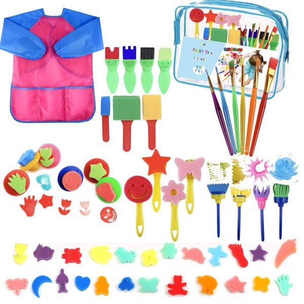 YZNlife Kids Paint Brushes Sponge Kits,52 pcs Painting Brushes Tool Kit for Kids Early DIY Learning Include Foam Brushes, Pattern Brushes Set, Waterproof Apron