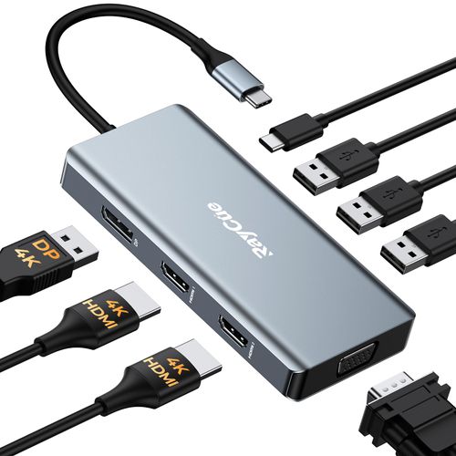 USB C Docking Station Dual Monitor Adapter, Laptop Docking Station 3 Monitors Quadruple Display USB C Hub Dongle to 4K HDMI+DP+VGA