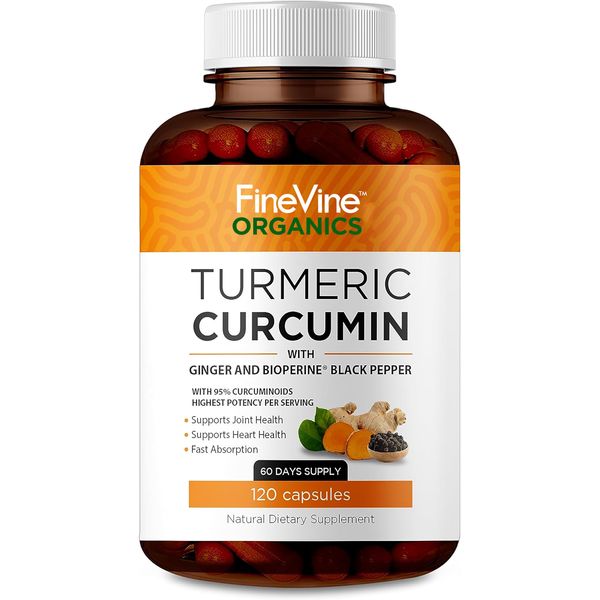 Turmeric Curcumin with BioPerine Black Pepper and Ginger - Made in USA - 120 Vegetarian Capsules for Advanced Absorption, Joints Support