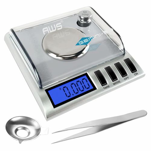 AWS Gemini-50 Milligram Scale 50g x 0.001g – Digital Jewelry/Lab Scale for Powder, Gold, Gems – Includes Calibration Weights, Tweezers & Tray – Tare, Cal, 6 Units, Pocket Size Mg Scale (Silver)