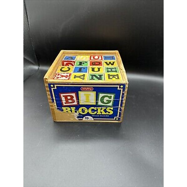 47 WOODEN ALPHABET BLOCKS SCHYLLING BIG BLOCKS IN ORIGINAL WOOD BOX (#441)