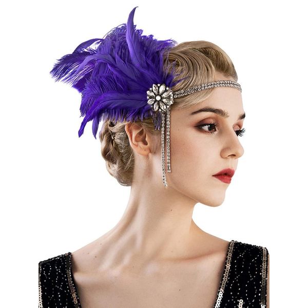 E EMZHOLE 1920s Headpiece Flapper Headband, Rhinestone Pearl Feather Hair Band Great Gatsby Bride Wedding Headdress Head Bands Bridal Hair Accessories for Women and Girls,Champagne (Purple)