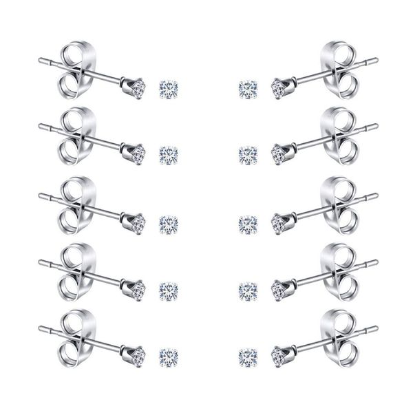 FOSIR 10 Pairs Tiny Women's Stainless Steel Round Clear Cubic Zirconia Stud Earrings (2mm CZ, Surgical Steel)