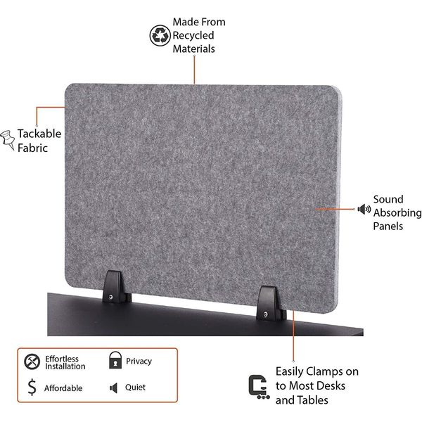 REFOCUS CLAMP-ON ACOUSTIC DESK DIVIDER REDUICE NOISE CASTLE GRAY 23.6" X 16"