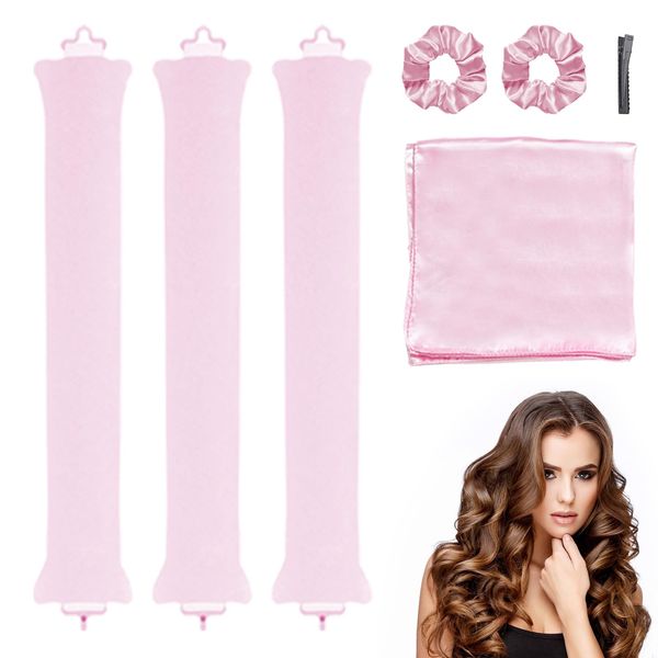 3 Stück Lockenwickler Ohne Hitze Set, Heatless Curls Band mit Haarband, Haarklammer, Kopftuch, DIY Hair Curler No Heat, Overnight Hair Curlers to Sleep in für den Schlaf über Nacht(Rosa)