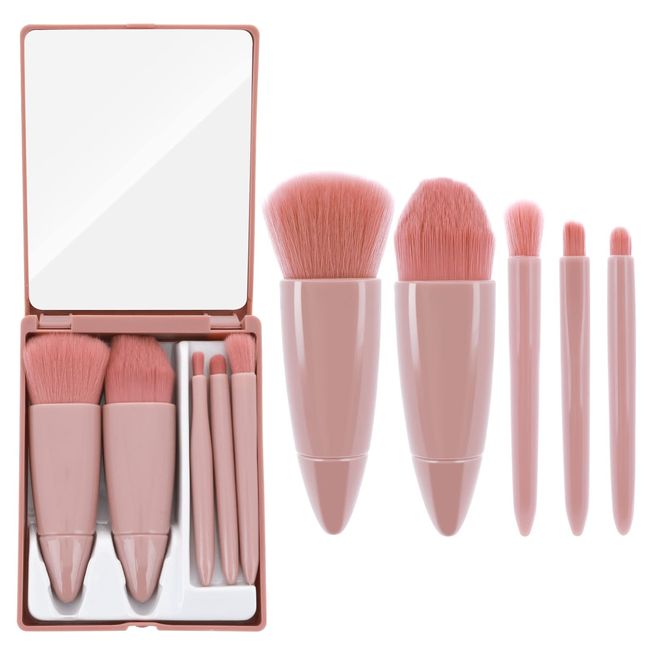 Sibba Reise Make up Pinsel Set, 5 teiliges Mini Komplettfunktions Kosmetikpinsel Set mit Spiegel für Lippenpinsel Foundation Blending Powder Brush Mini Gesichtskosmetik Make up Pinsel Set