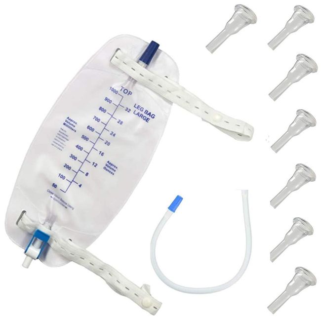 Male Complete Kit Urinary Incontinence One-Week, 7-Condom Catheters External Self-Seal 31mm (Intermediate), Premium Leg Bag （1000ml）with 18" Tubing, Straps & Fast and Easy Draining