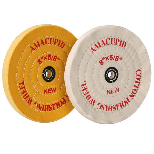 Amacupid Cotton Buffing Wheel 8 inches, For Bench Grinder/Bench Buffer. Polishing Jewelry, Glass, Tools, etc. 5/8 inch Arbor Hole. White Yellow 2 pieces