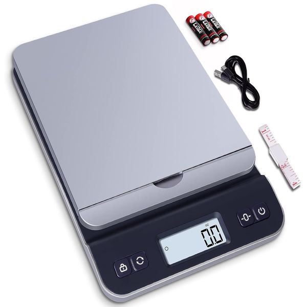 QP Shipping Scale, 86lb/0.1oz High Accuracy Digital Postal Scale for Packages, Hold/Tare Function, Backlit LCD Display, Flip-up Holder, Postage Scale, Mail Scale, Battery & Tape Measure Included