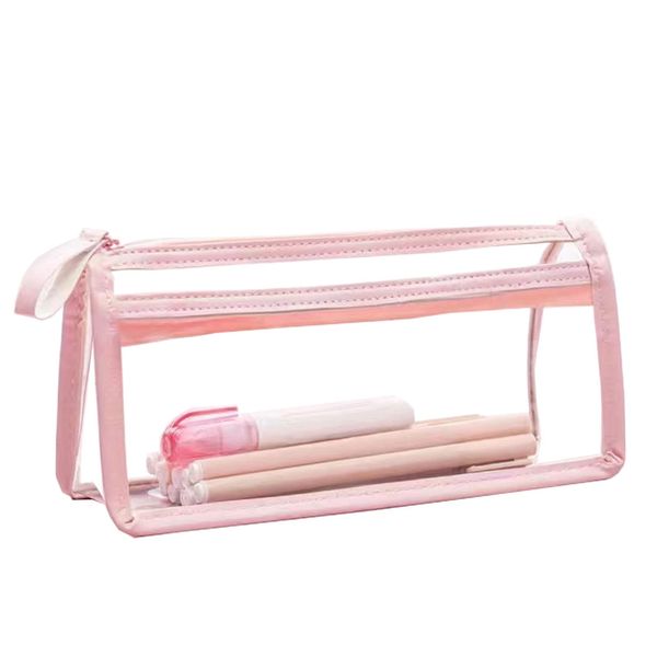 FIYUK Clear Pencil Case Bag Pen Holder Stationery Dual Zipper Organizer Makeup Pouch for School Office Travel, Pink