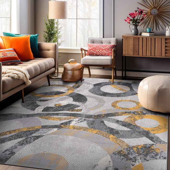 Rugshop Area Rug Distressed Modern Circles Stain Resistant Soft Yellow Rugs 5x7