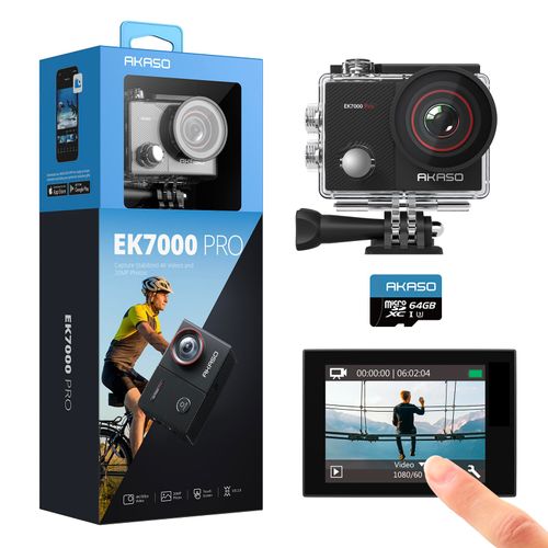 AKASO EK7000 Pro 4K Action Camera with Touch Screen EIS 131ft Waterproof Camera Remote Control Underwater Camera with Helmet Accessories Kit with Kingston 64GB microSDXC Canvas Memory Card (Bundle)