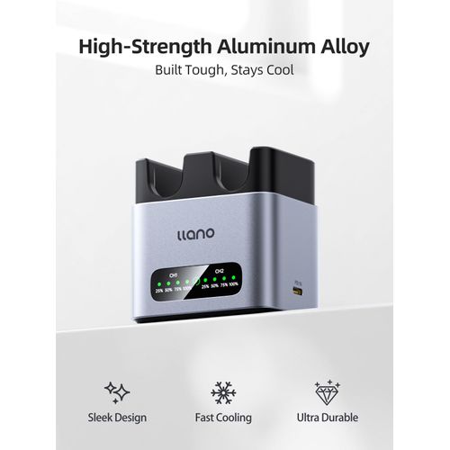 llano NP-W126S Camera Battery 20W Fast 2-Slot Charger for Fujifilm X100VI X100V XT30II XM5 XT30 X100F XT3 XT2 XE4 XA7 X-PRO3 XT2 XT200, Heat Dissipation CNC Aluminum Alloy Body, LED Display-Silver