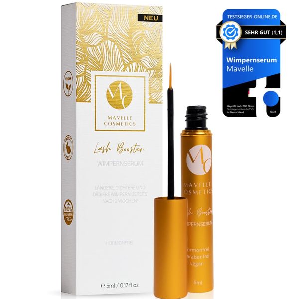 Mavelle Lash Booster | Wimpernserum Testsieger [Hormonfrei & Vegan] Schnelle Wirkung für lage, dichte Wimpern - Wimpernwachstum + mehr Schwung - jetzt testen