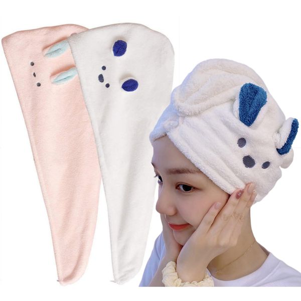 Hair Dry Towel, Ear Dry Cap, Hair Cap, Set of 2, Quick Drying, Towel Cap, Lightweight, Strong Water Absorbency, Quick Drying, Hair Towel, For Adults and Children, Shower Cap, Bathing, Fuwamoko, Bath Supplies, Unisex (Pink & White)