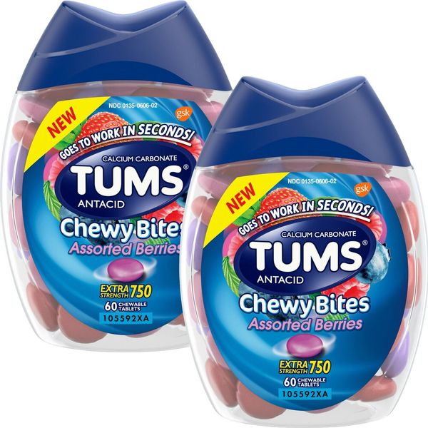 2 PACK TUMS EXTRA STRENGTH 750 ASSORTED BERRIES ANTACID CHEWY BITES 60 EACH