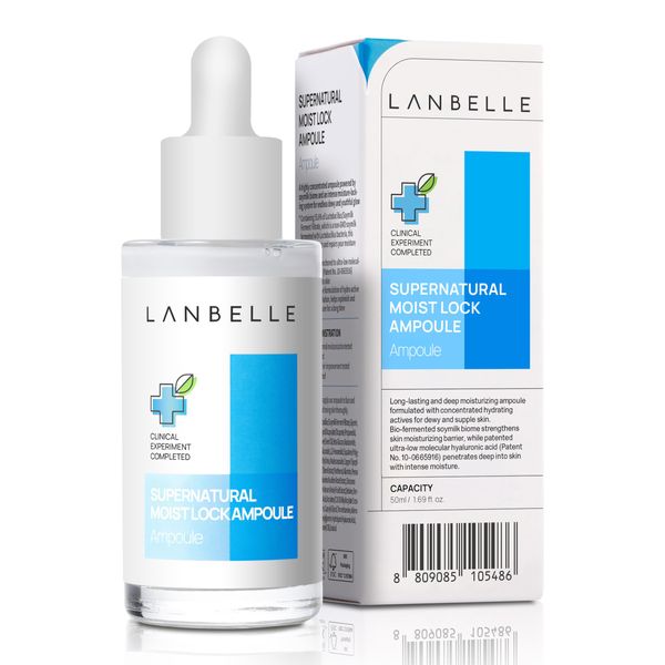 LANBELLE Supernatural Moist Lock deep hydrating Ampoule 1.69 Fl Highly Concentrated Soymilk Biome, Ultra-Low Molecular Hyaluronic Acid for Dry and Dull Skin