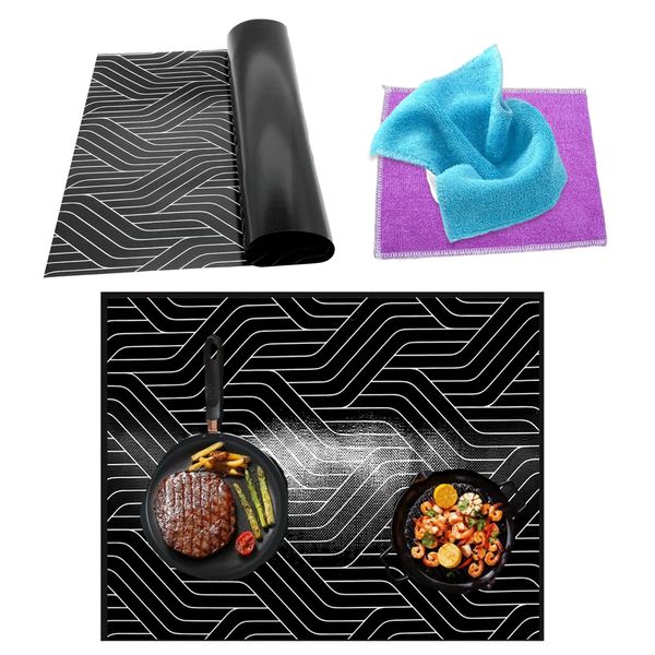Induction Hob Protector Mat with Blue & Purple Towels,Induction Hob Protector Protects from Scratches and Spills,Silicone Induction Hob Mat, Multifunctional Heat Resistant Silicone Mats for Worktops