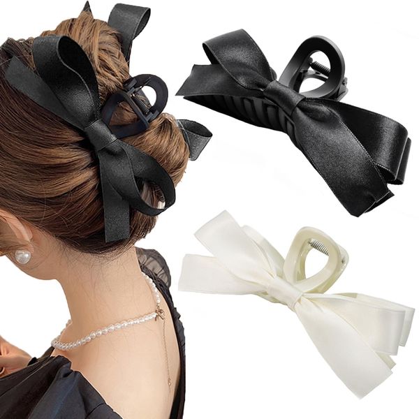 Sizobi 2Pcs Bow Claw Clips, Bow Hair Clips for Women, Satin Big Hair Bows Black White, Large Claw Clips with Bow for Thick Thin Curly Hair, Aesthetic Coquette Hair Accessories for Women Girls Adult