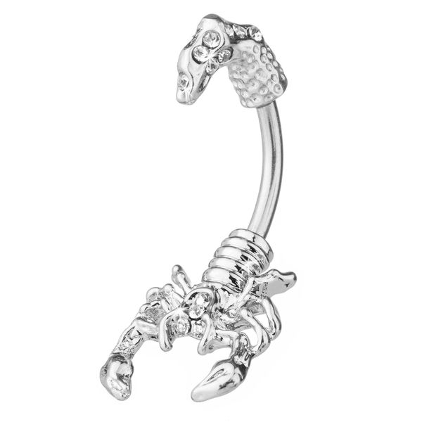 Taffstyle Bauchnabelpiercing Top Down Chirurgenstahl Stab Piercing Banane Bauch Bauchnabel Stecker Kugel Skorpion mit Glitzer Kristall Silber Clear