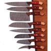 8pcs Professional Kitchen Knife Set Damascus with Red/Brown Handle & Leather